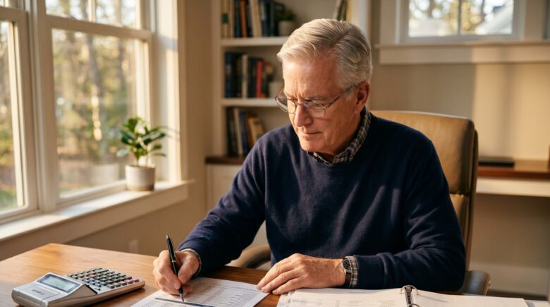 Senior reviewing required minimum distribution calculations at desk with retirement account statements