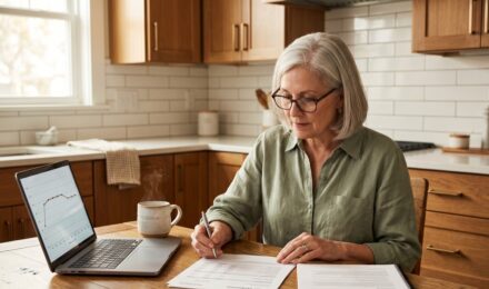 Retired couple reviewing HELOC statements and prime rate charts at home