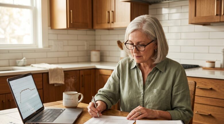 Retired couple reviewing HELOC statements and prime rate charts at home