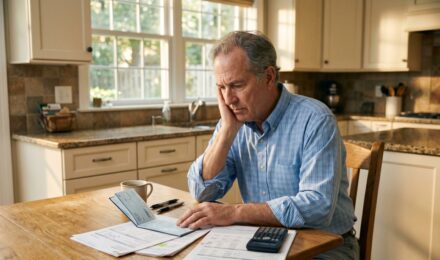 Older couple reviewing retirement account statements at a kitchen table with a laptop and financial documents