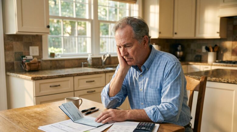 Older couple reviewing retirement account statements at a kitchen table with a laptop and financial documents