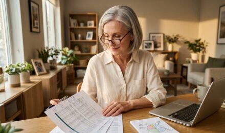 Retired couple reviewing a retirement income plan and monthly budget spreadsheet at a kitchen table