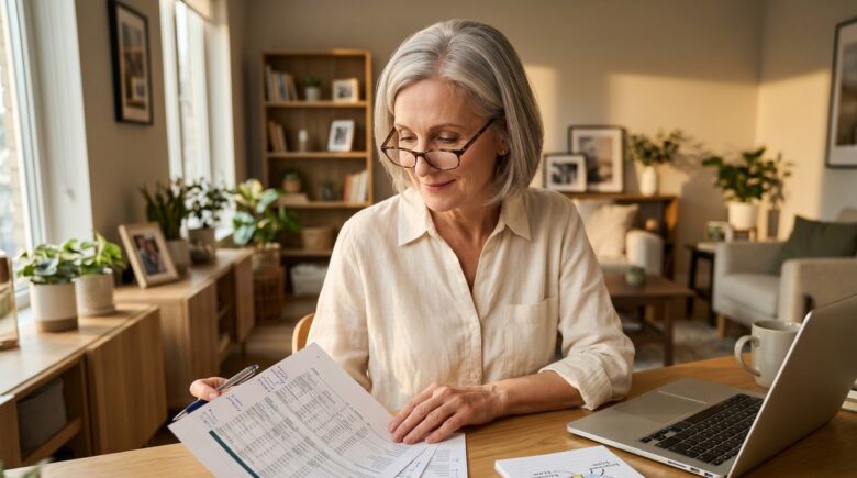 Retired couple reviewing a retirement income plan and monthly budget spreadsheet at a kitchen table