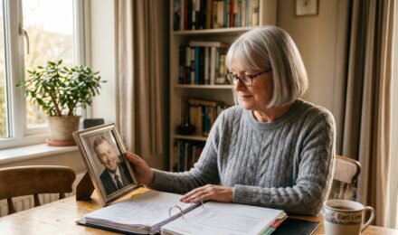 Widow reviewing retirement planning documents after spouse dies