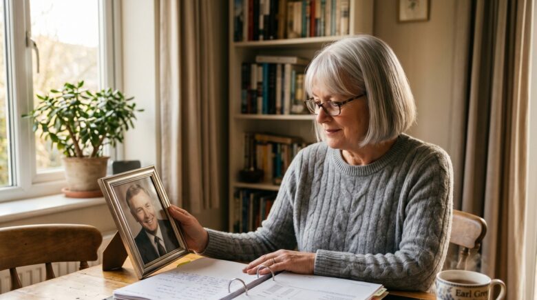 Widow reviewing retirement planning documents after spouse dies