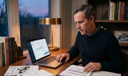 Person in their 40s reviewing retirement savings plan and financial documents at a desk