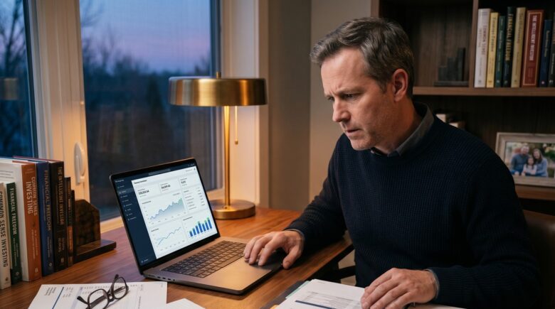 Person in their 40s reviewing retirement savings plan and financial documents at a desk