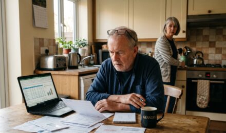 A couple in their late fifties reviewing financial documents and debt statements at a kitchen table while planning for retirement