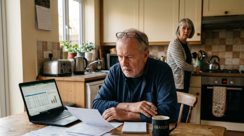 A couple in their late fifties reviewing financial documents and debt statements at a kitchen table while planning for retirement
