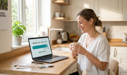 Person reviewing a simple reverse budgeting plan on a notebook with a coffee cup nearby