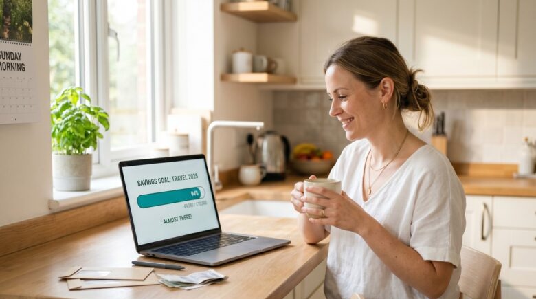 Person reviewing a simple reverse budgeting plan on a notebook with a coffee cup nearby