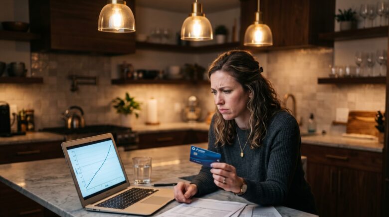 Person reviewing multiple credit card and loan statements affected by a rising prime rate