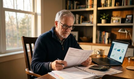 Retiree reviewing RMD rules 2026 documents at a desk with calculator and retirement account statements