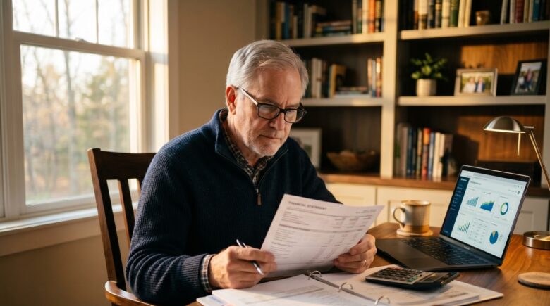 Retiree reviewing RMD rules 2026 documents at a desk with calculator and retirement account statements