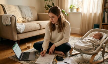 Couple reviewing budget together at kitchen table after switching to a single income household