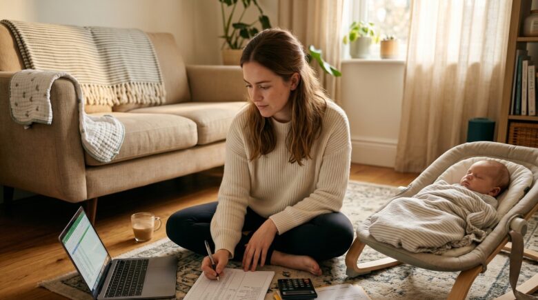Couple reviewing budget together at kitchen table after switching to a single income household
