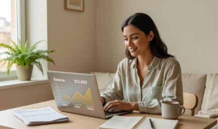 Person reviewing savings account balance on a laptop while budgeting on a low income salary