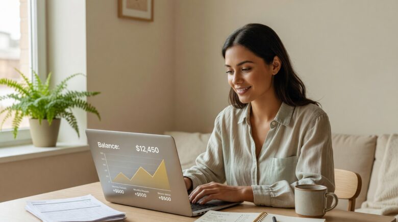 Person reviewing savings account balance on a laptop while budgeting on a low income salary