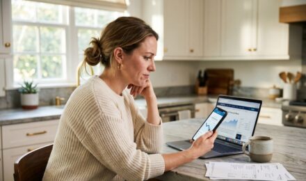 Person reviewing a savings account statement showing a dropped interest rate on a laptop