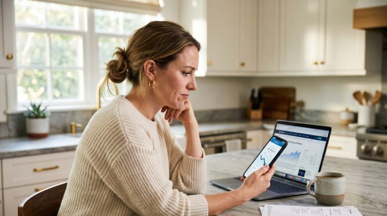 Person reviewing a savings account statement showing a dropped interest rate on a laptop
