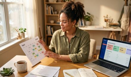 Freelancer reviewing savings account strategies on a laptop at a home office desk