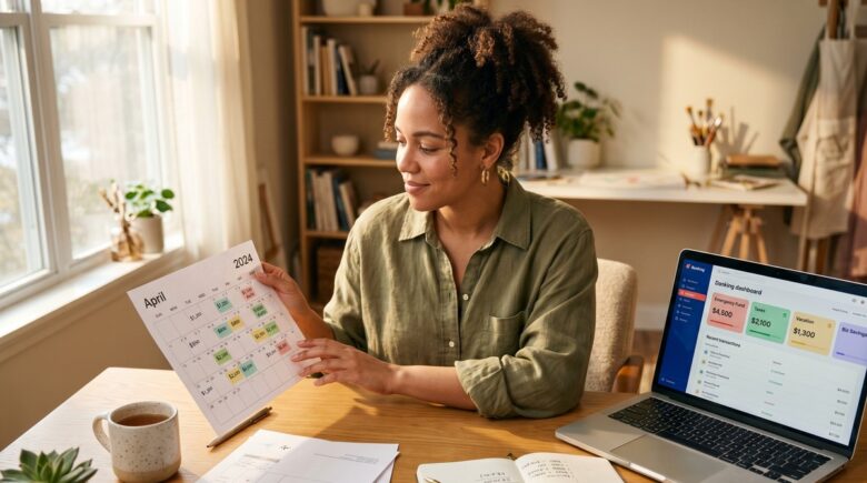Freelancer reviewing savings account strategies on a laptop at a home office desk