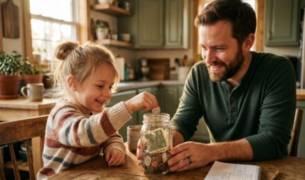 Parent and child opening a savings account together at a bank