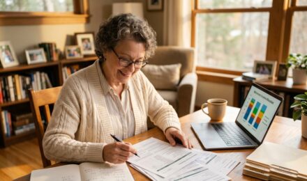 Retired couple reviewing savings account statements to plan monthly retirement income