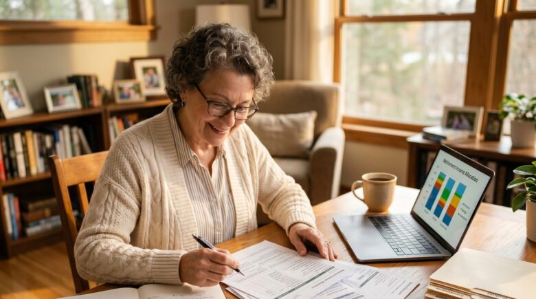 Retired couple reviewing savings account statements to plan monthly retirement income