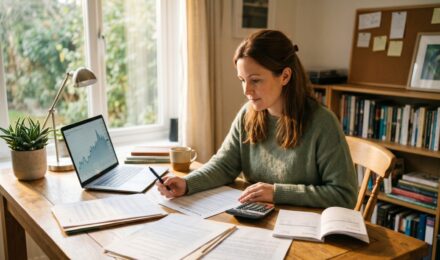 Self-employed borrower reviewing loan documents and prime rate charts at a desk
