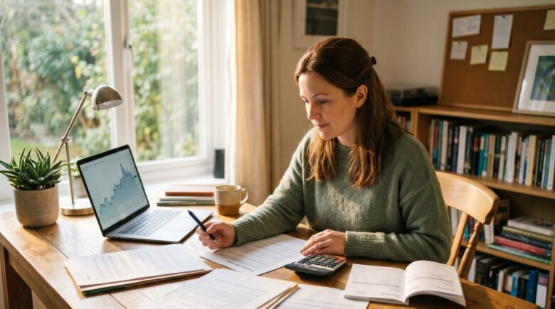Self-employed borrower reviewing loan documents and prime rate charts at a desk