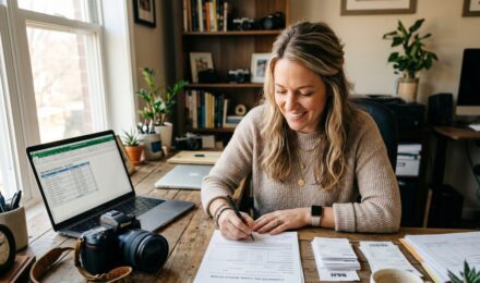 Self-employed borrower reviewing loan documents and financial statements at a home office desk