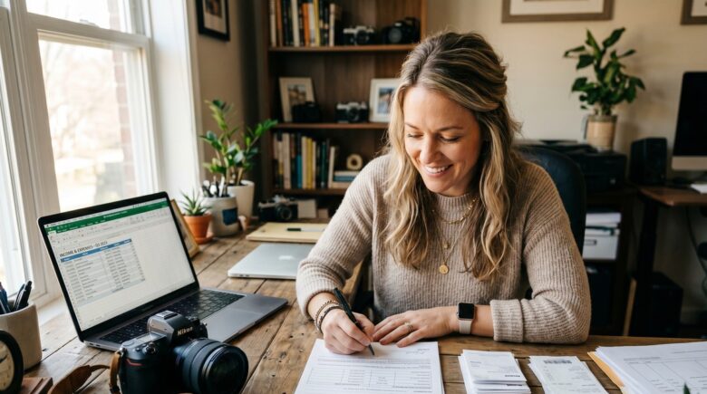 Self-employed borrower reviewing loan documents and financial statements at a home office desk
