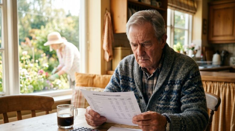 Retiree reviewing investment portfolio chart showing sequence of returns risk impact on retirement savings
