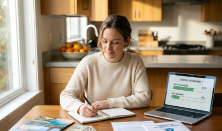 Person reviewing short-term and long-term savings goals with a budget planner and savings account charts