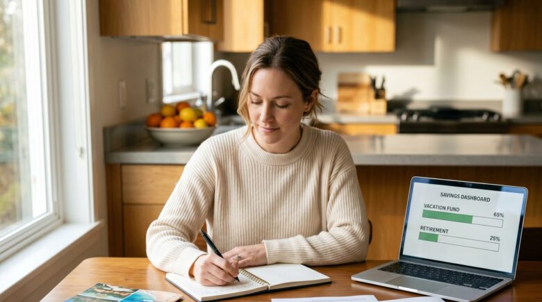 Person reviewing short-term and long-term savings goals with a budget planner and savings account charts