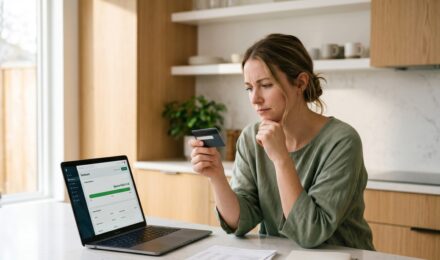 Person cutting up a paid-off credit card while reviewing credit score on laptop