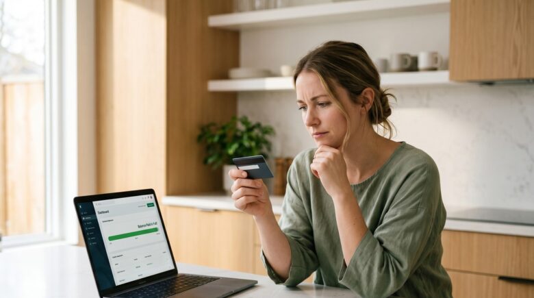 Person cutting up a paid-off credit card while reviewing credit score on laptop