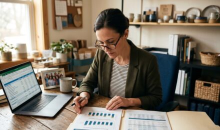 Small business owner reviewing retirement plan documents comparing SIMPLE IRA and 401k options at a desk