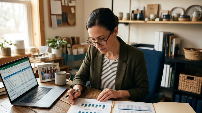 Small business owner reviewing retirement plan documents comparing SIMPLE IRA and 401k options at a desk