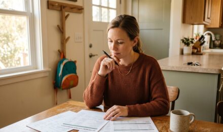 Single-income couple reviewing retirement plan documents at home