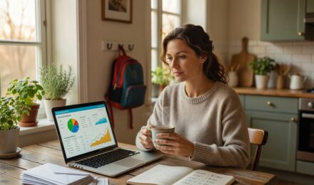 Single income household couple reviewing budget and wealth building plan at kitchen table