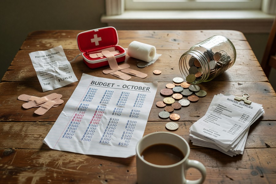 Person reviewing a monthly household budget spreadsheet at a desk