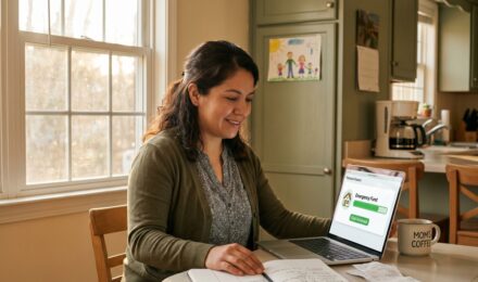 Single mom reviewing budget and savings plan at kitchen table to build emergency fund on low income