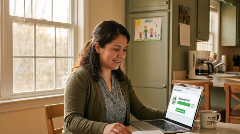 Single mom reviewing budget and savings plan at kitchen table to build emergency fund on low income