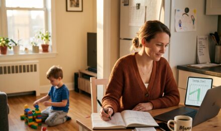 Single parent reviewing a savings plan and budget at a kitchen table with a child nearby