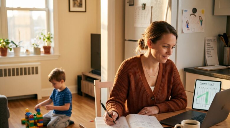 Single parent reviewing a savings plan and budget at a kitchen table with a child nearby