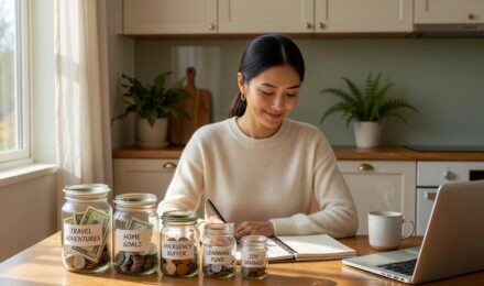 Person organizing sinking funds budgeting categories in a planner with labeled savings envelopes