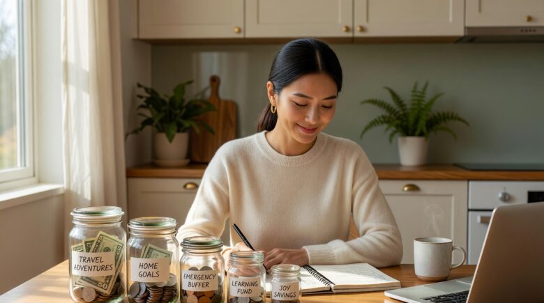 Person organizing sinking funds budgeting categories in a planner with labeled savings envelopes