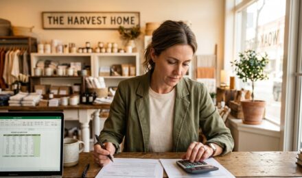 Small business owner reviewing fixed and variable rate loan options at a desk